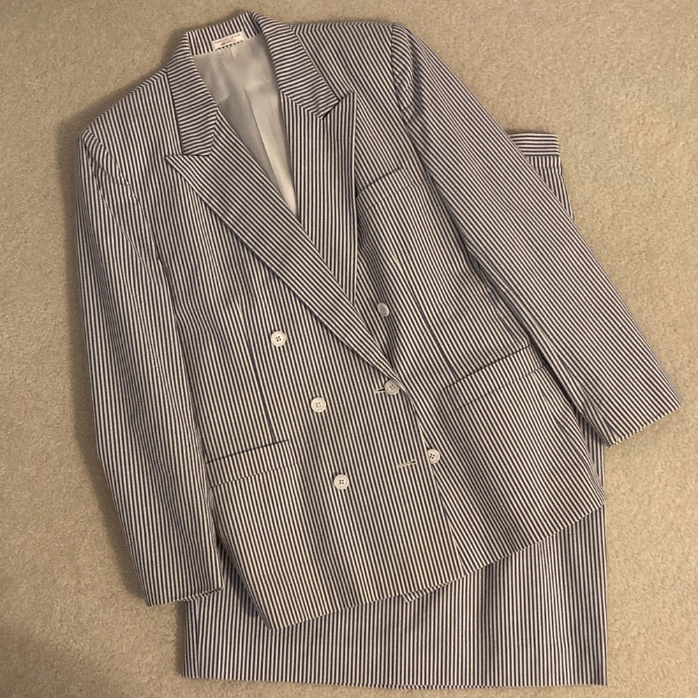 Ladies 14 Striped Blazer and Pants Set.  Blue and White pinstripe.  Cotton.